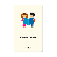 Cartoon couple holding huge book together flat icon. Vertical sign or vector illustration of library, learning or studying element. Hobby, leisure, education,literature concept for web design and apps