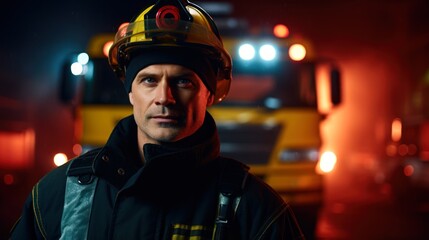 Person in Firefighter Uniform in Front of Fire Truck, Space for Copy.