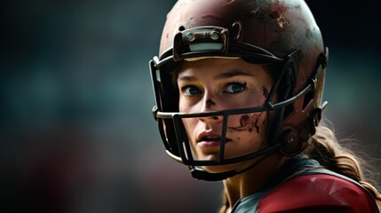 Female Rugby Player, Mouthguard In, Focused on Field Before Game, Space for Copy.