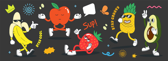 Set of 70s groovy character and element. fruits collection vector illustration.