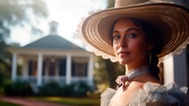 Woman in Hoop Skirt and Large-Brimmed Hat, Antebellum Mansion Background, Space for Copy.