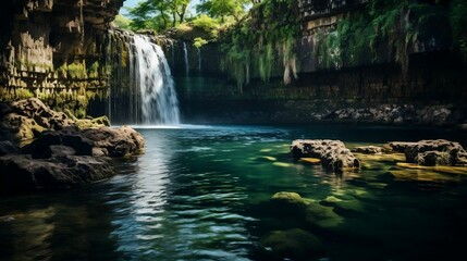 Naklejka na ściany i meble Towering waterfall cascading into a rocky pool 