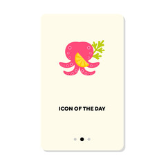 Pink octopus with lemon slice for dish flat icon. Vertical sign or vector illustration of fresh exotic ingredient for cooking element. Seafood, culinary for web design and apps