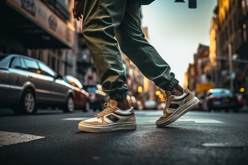 Dynamic shot of Men's legs in sneakers on a city street