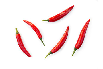 Closeup of fresh organic red chilli pepper from the garden isolated on a white background from above, top view