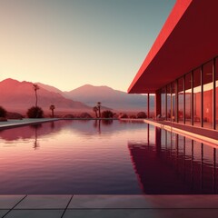 a reddish glow and the setting sun above the swimming pool by the desert