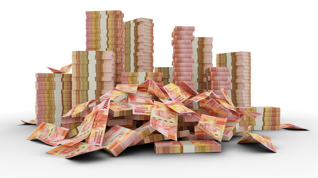 Big stacks of 100000 Indonesian rupiah notes. A lot of money isolated on transparent background. 3d rendering of bundles of cash