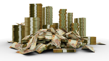 Big stacks of 1000 Kenyan shilling notes. A lot of money isolated on transparent background. 3d rendering of bundles of cash