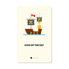 Wooden pirate ship flat icon. Pirate ship isolated vector sign. Sailing and transport concept. Vector illustration symbol elements for web design and apps