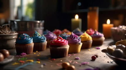 Yummy cupcake with butter cream and burning candle on wooden table against dark background. cute - obrazy, fototapety, plakaty