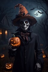 skull woman holding a pumpkin in halloween mood Generative Ai