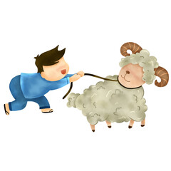 cute kid celebrating eid al adha mubarak. kid with sacrificial animals