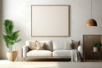 Modern interior with white sofa, lamp, beige room. A white picture in a frame. Mockup.