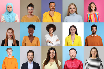 Collage with portraits of people on different color backgrounds