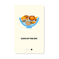 Glass bowl of nuts and seeds flat icon. Vertical sign or vector illustration of tasty snack or healthy breakfast element. Food, health, diet for web design and apps