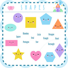 Set of smiling geometric figures. Comic cartoon characters for children education. Basic geometric shapes. Vector illustration