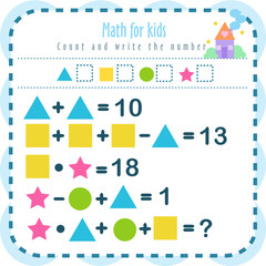 Fototapeta premium Count and write the number. Learn shapes and geometric figures. Preschool or kindergarten math worksheet. Vector illustration