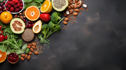 Obraz na płótnie Canvas Fruits, vegetables, seeds, superfoods, cereals, leafy vegetables on a gray concrete background