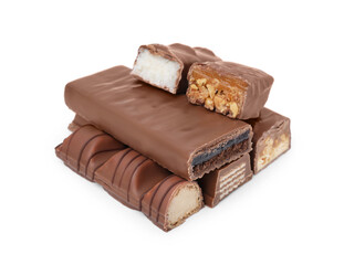 Pieces of different tasty chocolate bars on white background