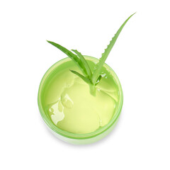 Jar of natural gel and fresh aloe isolated on white, top view