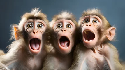 Zelfklevend Fotobehang three cute babies monkey keeps watching with eyes wide open, AI generated © shustrilka