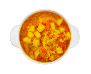Pot of delicious sauerkraut soup with potatoes and carrot isolated on white, top view