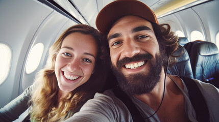 Happy tourist taking selfie inside airplane - Cheerful couple on vacation 