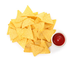 Tasty tortilla chips with ketchup on white background, top view