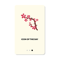 Branch of cherry blossom tree flat icon. Vertical sign or vector illustration of Japanese sakura tree element. Japanese culture, nature, spring or summer concept for web design and apps