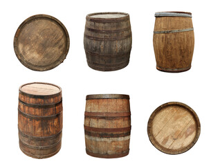 Fototapeta premium Different wooden barrels isolated on white, top and side views. Collage design