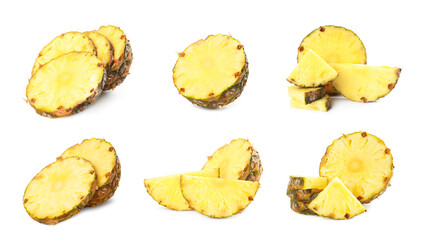 Set with slices of juicy pineapple on white background