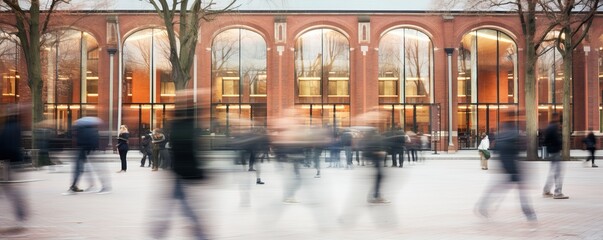 Crowd of students walking through a college campus, motion blur - obrazy, fototapety, plakaty