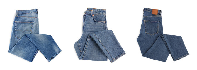 Set with different jeans on white background, top view