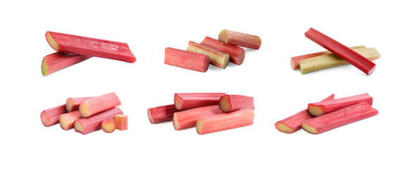 Set with fresh rhubarb stalks isolated on white © New Africa