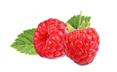 Fresh ripe raspberries with green leaves isolated on white