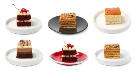 Set with different tasty cakes isolated on white