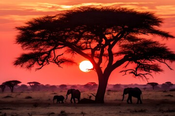 silhouettes of five african elephants and tree at sunset near bush camp in tanzania, AI generated