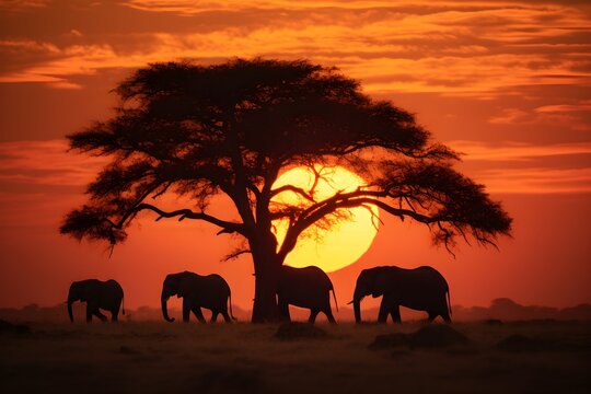 Silhouettes Of Five African Elephants And Tree At Sunset Near Bush Camp In Tanzania, AI Generated