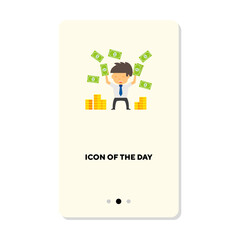 Successful and rich man flat vector icon. Cheering man with money isolated sign. Success concept. Vector illustration symbol elements for web design