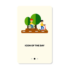 Cartoon boys riding bicycles on road flat icon. Vertical sign or vector illustration of summer activity element. Recreation, outdoor activity, nature, leisure concept for web design and apps