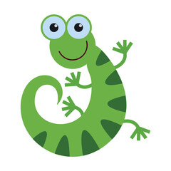 Green striped gecko. Cute wild animal cartoon illustration. Wildlife concept. Colored flat vector isolated on white background