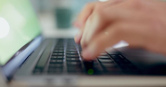 Business hands, keyboard and typing email on office desk working on article, research project, or proposal. Person, laptop and journalist with technology for internet, writing and information