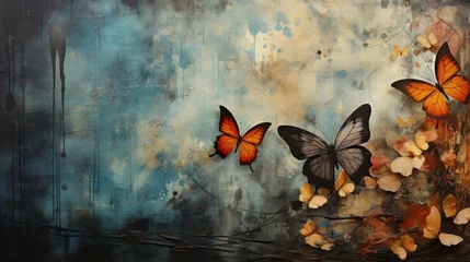 Papier Peint photo Lavable Papillons en grunge A grungy background with butterflies and flowers. Generative AI. 