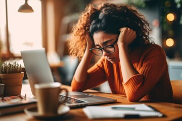 A young student's struggle is evident as she battles to concentrate on her laptop for homework