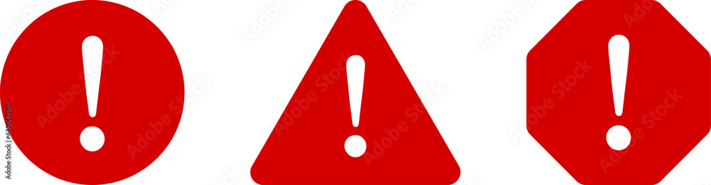 Poster red and white round circle octagonal and triangular warning or attention caution sign with exclamati