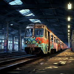 Fototapeta na wymiar Forgotten train station, adorned in graffiti, echoes stories of a vibrant past amidst urban decay
