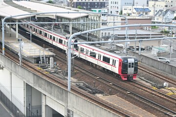 Obraz premium A view of a train station in the morning in Japan. Background material for transportation.