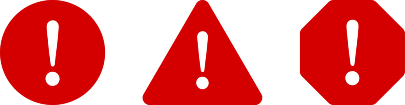 Naklejki Red and White Round Circle Octagonal and Triangular Warning or Attention Caution Sign with Exclamation Mark Flat Icon Set. Vector Image.