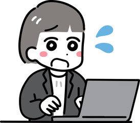 鼻歌交じりに笑顔でパソコンを使うオフィスカジュアルの女性