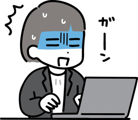 パソコンの前でショックを受けているオフィスカジュアルの女性